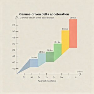 Chart showing how options gamma affects delta acceleration as stock price moves toward and through the strike price