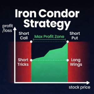 Iron condor options strategy payoff diagram showing profit zone between short put and short call strikes with defined maximum loss on both sides
